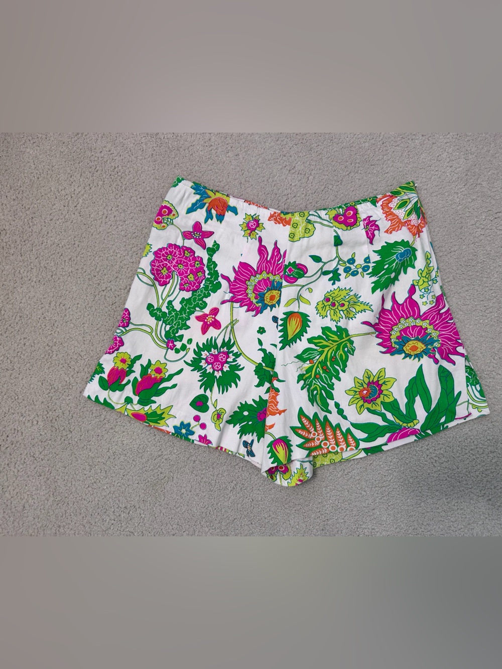 Floral High-Waist Women’s Shorts in White with Green & Pink Print